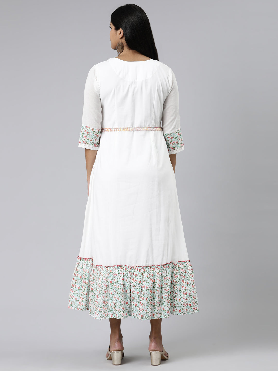 Neerus White viscose rayon printed A-Line kurti - side view