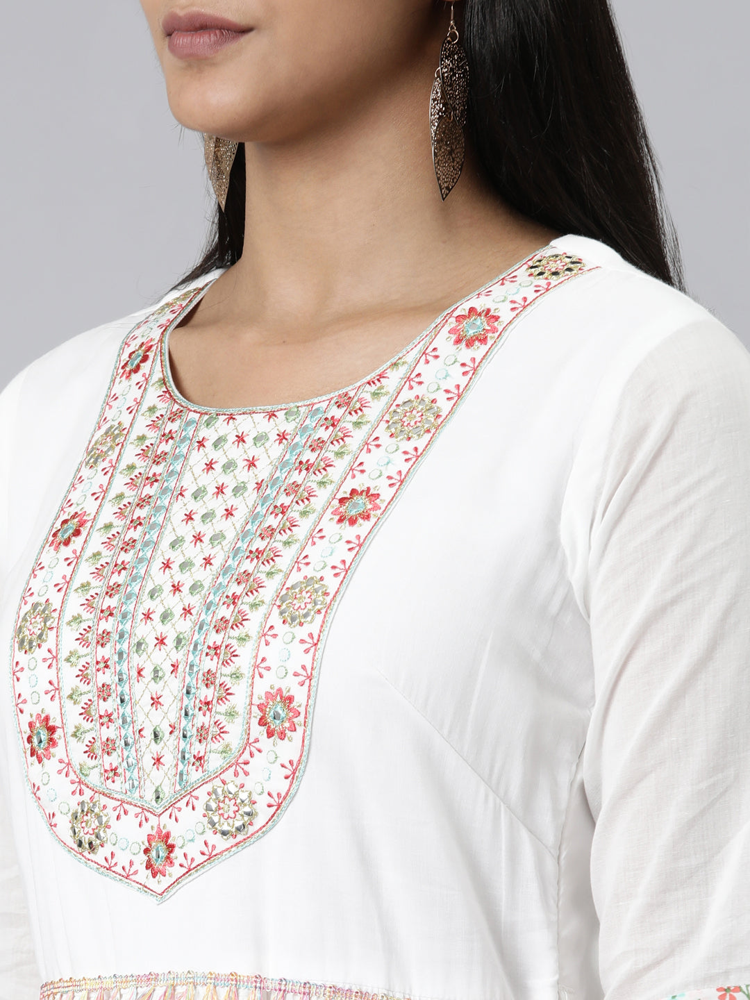 Neerus White viscose rayon printed A-Line kurti - detail view 2