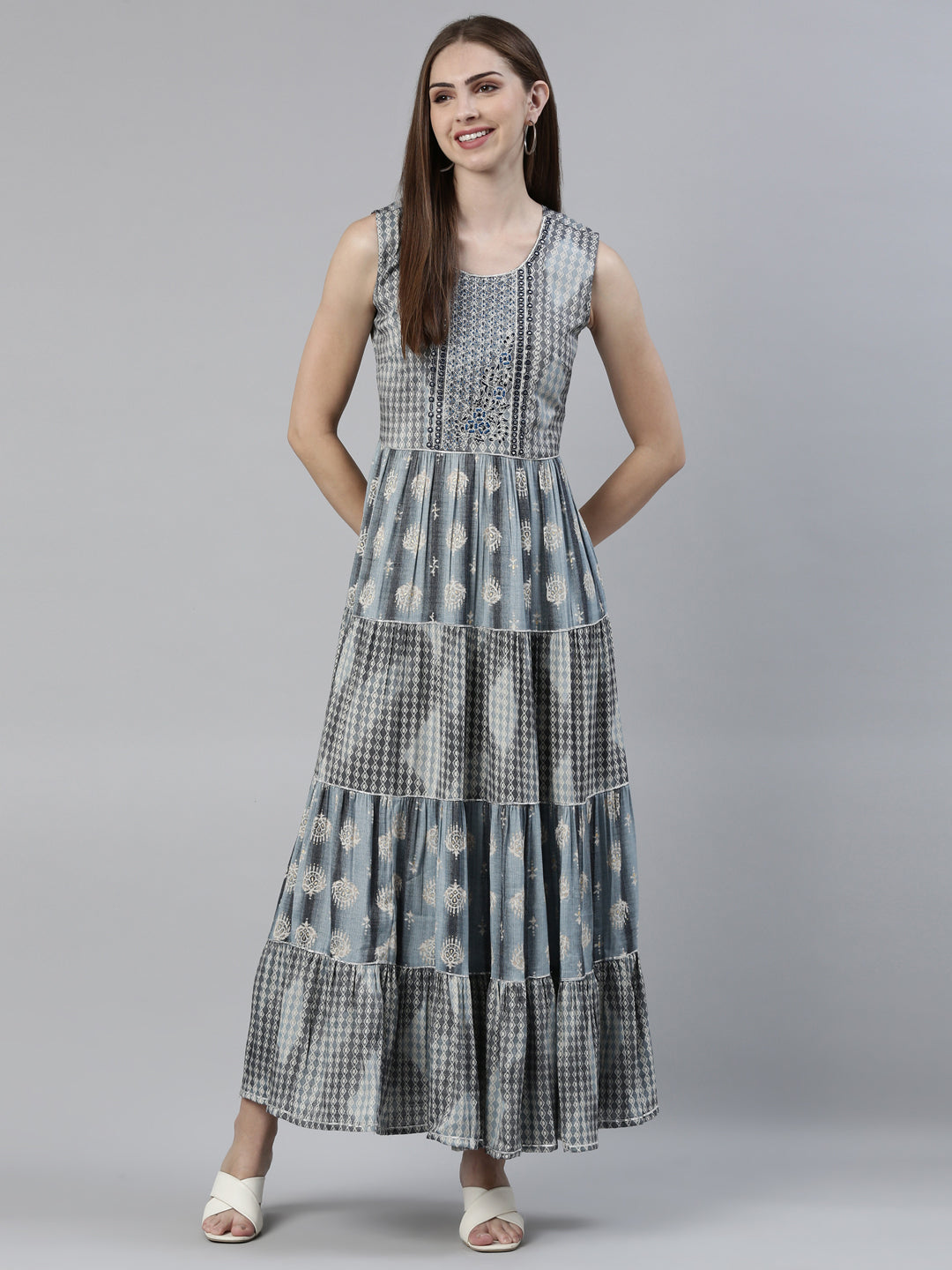Neerus Grey viscose rayon printed A-line dress - front view