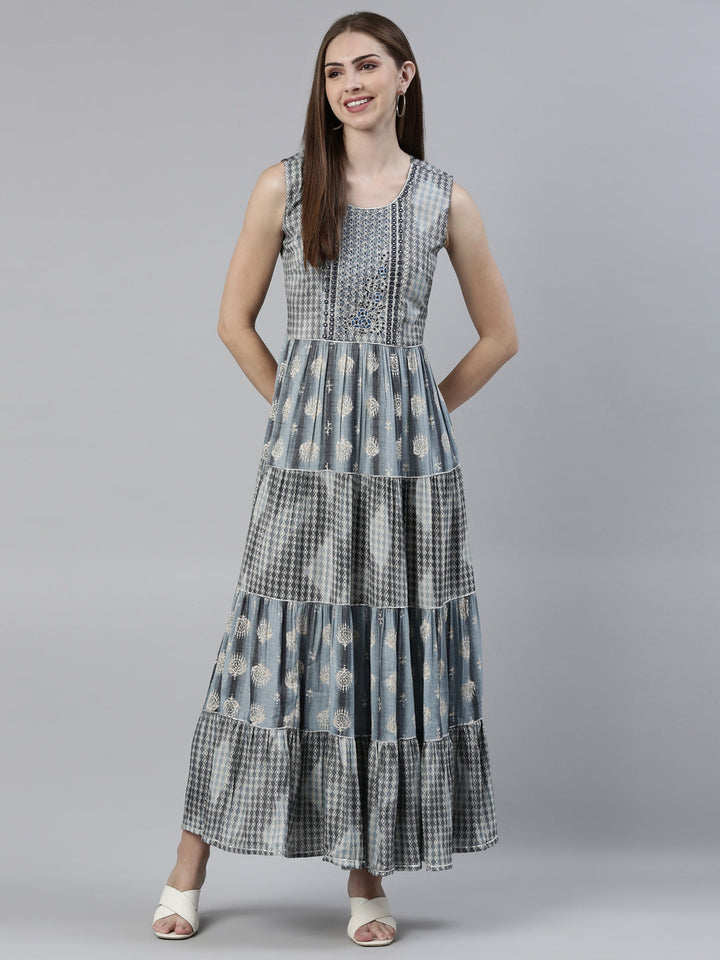Neerus Grey viscose rayon printed A-line dress - front view