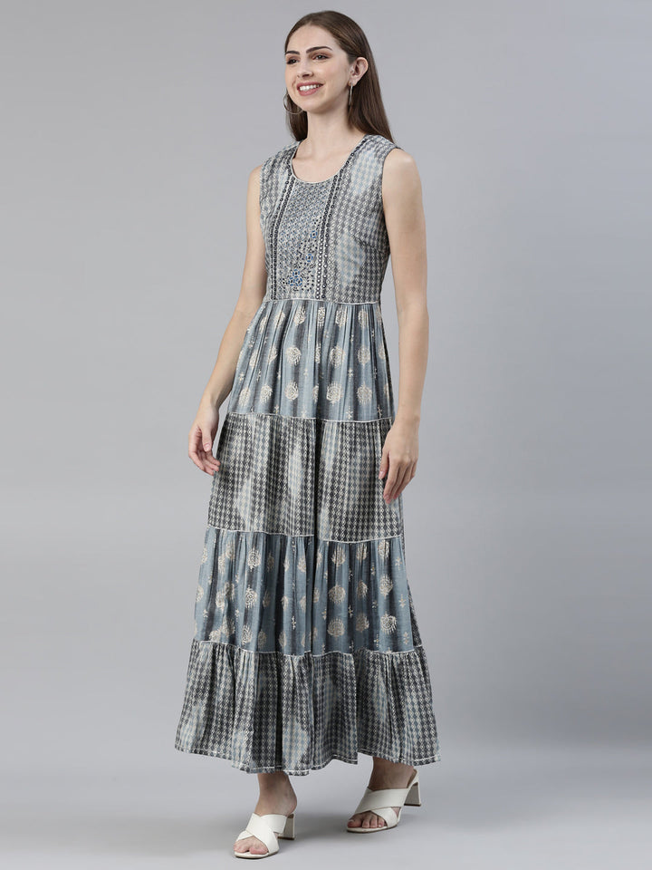 Neerus Grey viscose rayon printed A-line dress - back view