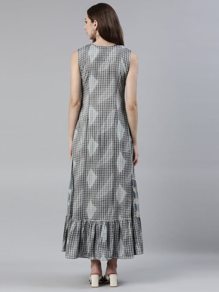 Neerus Grey viscose rayon printed A-line dress - side view
