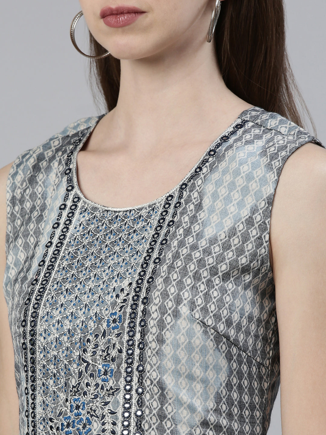 Neerus Grey viscose rayon printed A-line dress - detail view 1