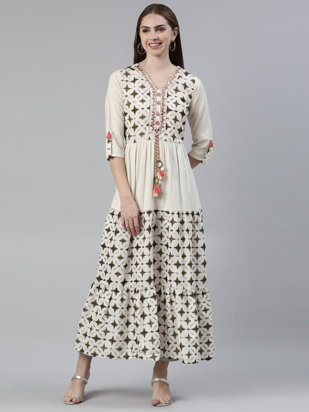 Neerus Green viscose rayon printed anarkali kurti - front view