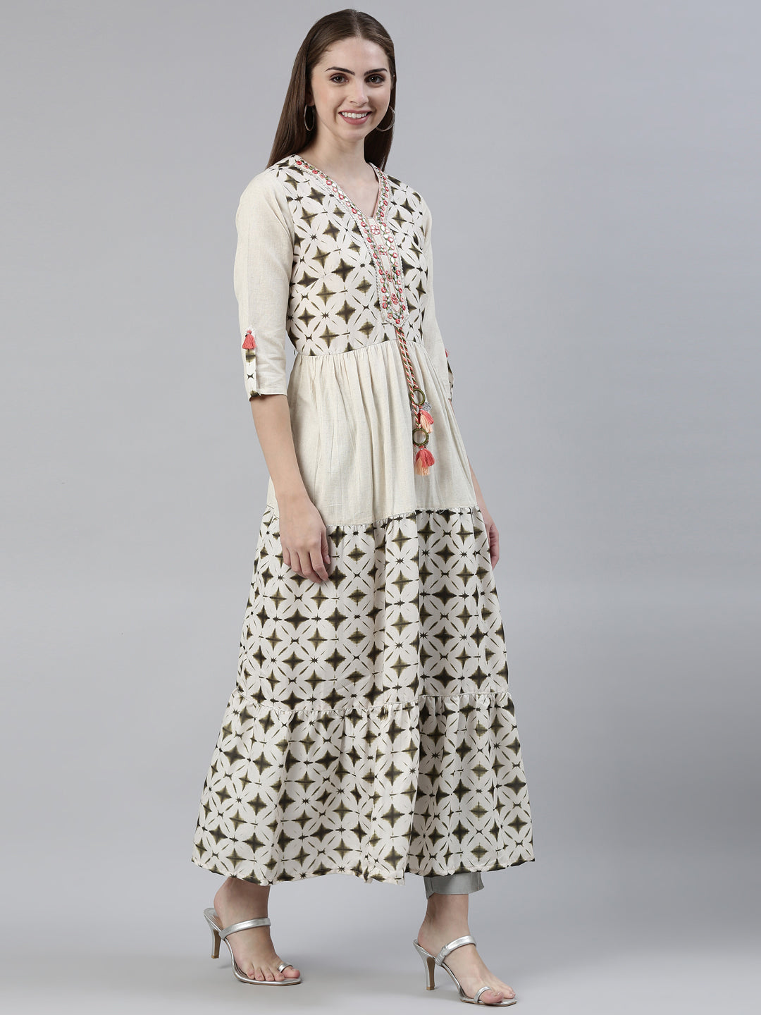Neerus Green viscose rayon printed anarkali kurti - back view