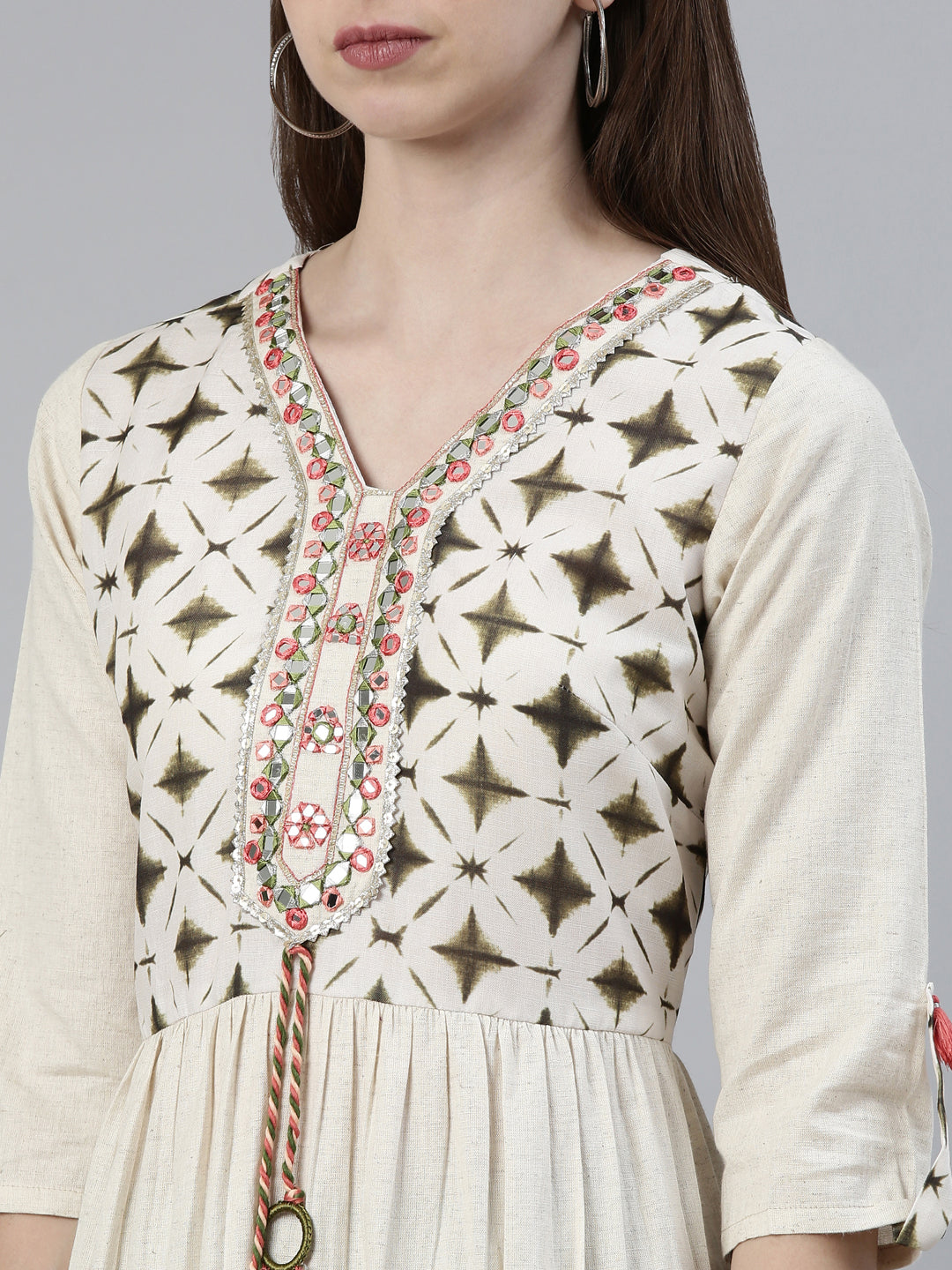 Neerus Green viscose rayon printed anarkali kurti - detail view 1