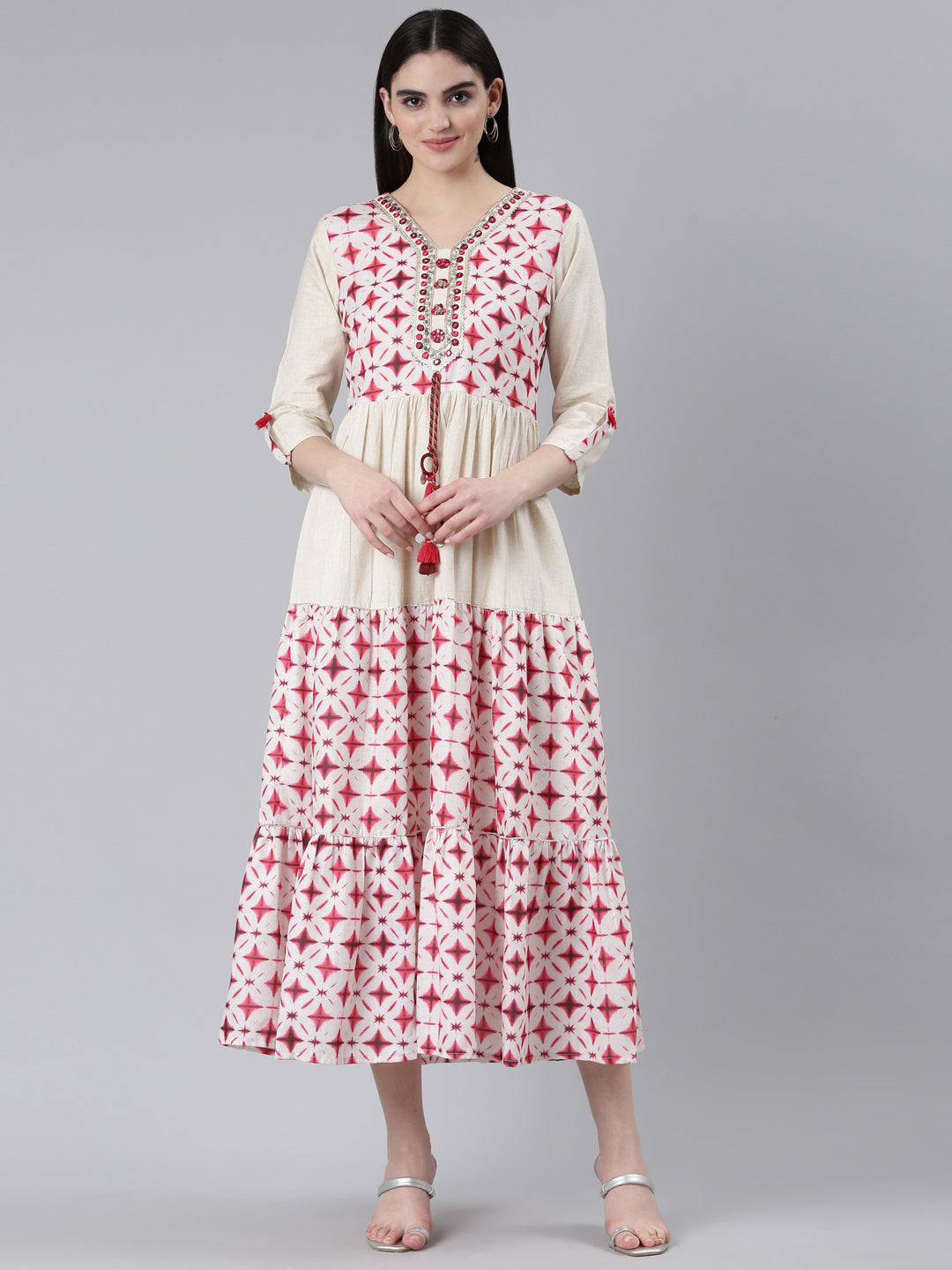 Neerus Pink rayon printed straight dress - front view