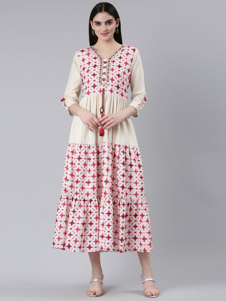 Neerus Pink rayon printed straight dress - front view