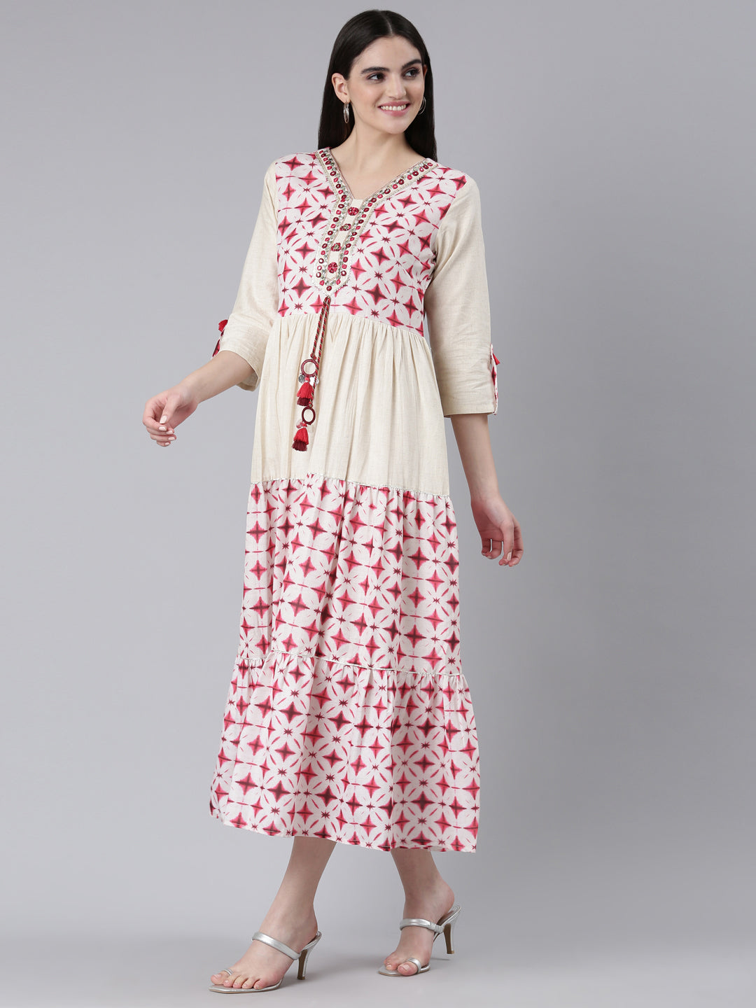Neerus Pink rayon printed straight dress - back view
