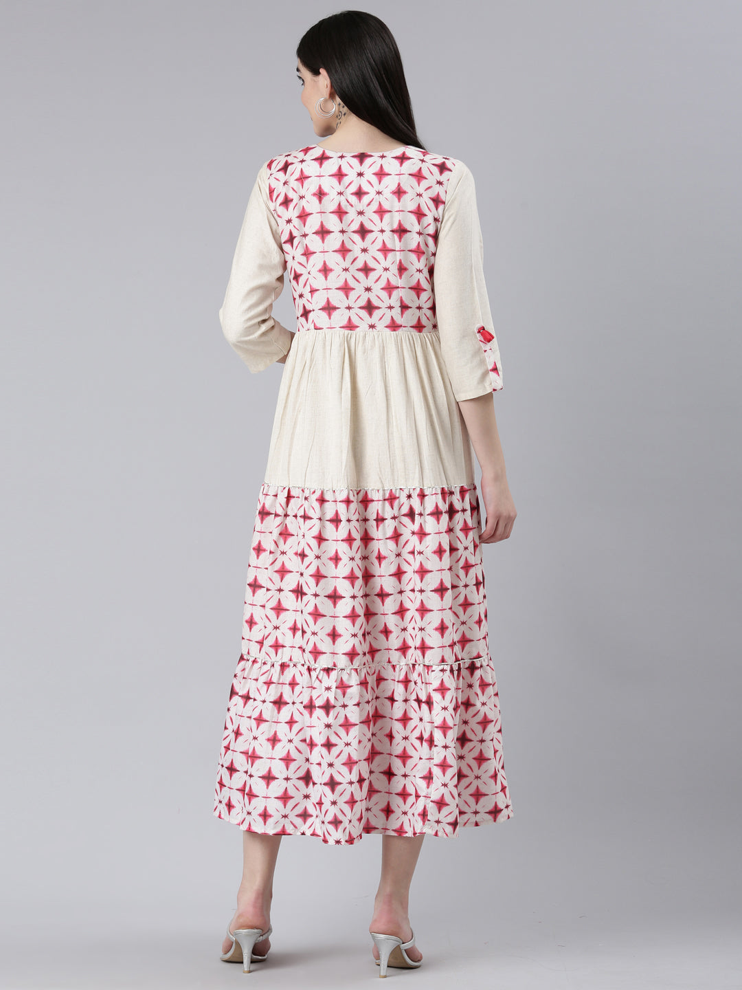 Neerus Pink rayon printed straight dress - side view