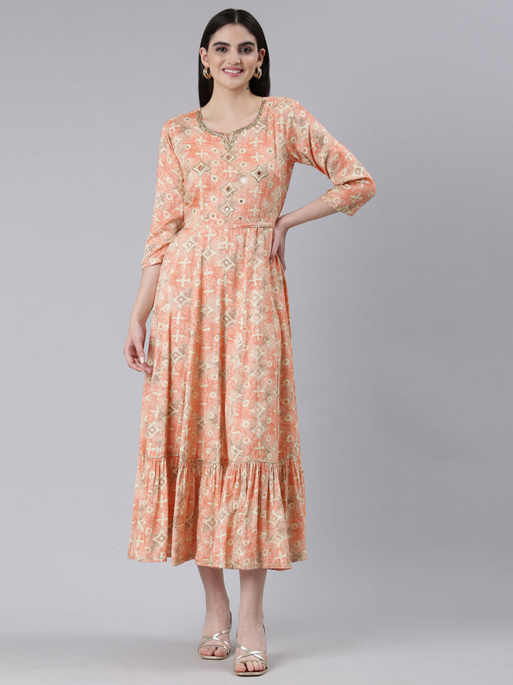 Neerus Orange Straight Casual Printed Dress