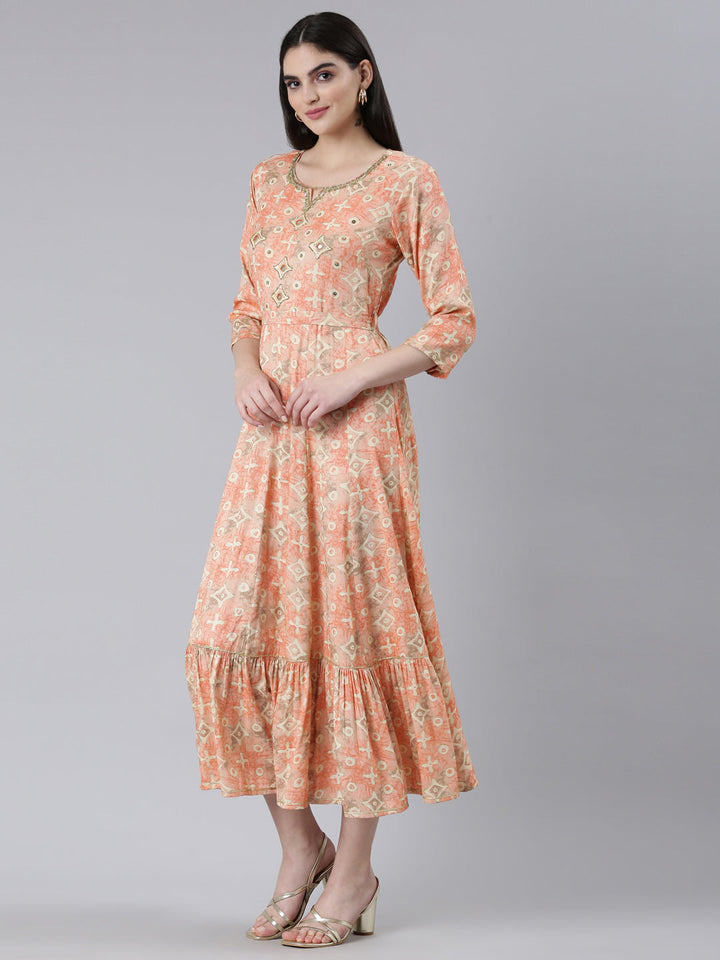 Neerus Orange Straight Casual Printed Dress