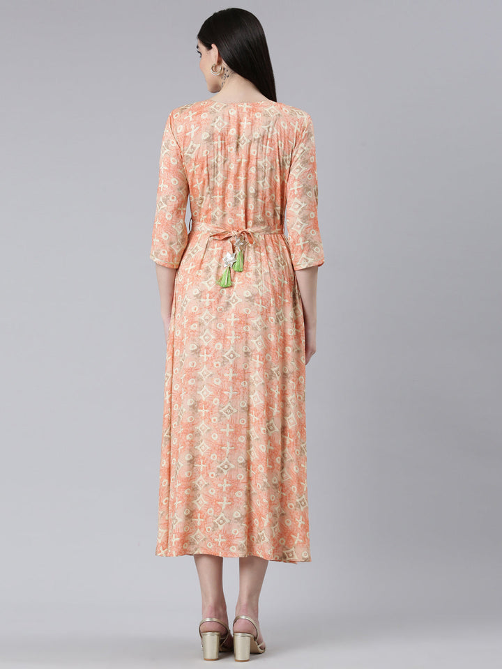 Neerus Orange Straight Casual Printed Dress