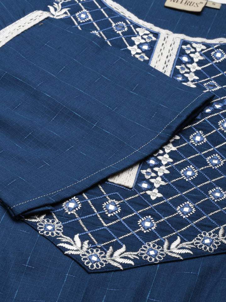 Neerus Blue slub cotton solid straight kurti - detail view 2