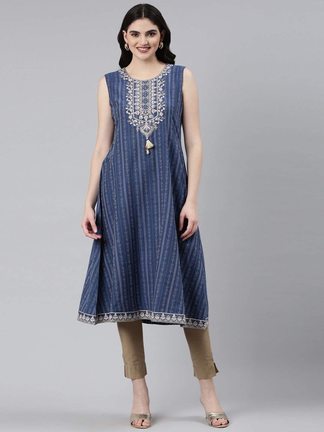 Neerus Blue slub cotton printed anarkali kurti - front view