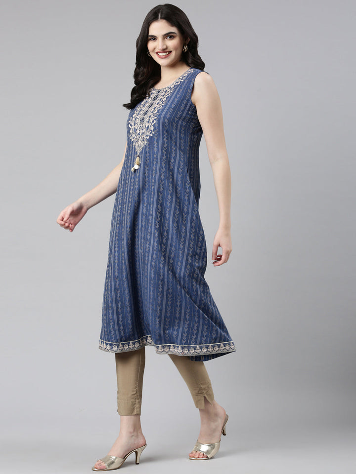 Neerus Blue slub cotton printed anarkali kurti - back view