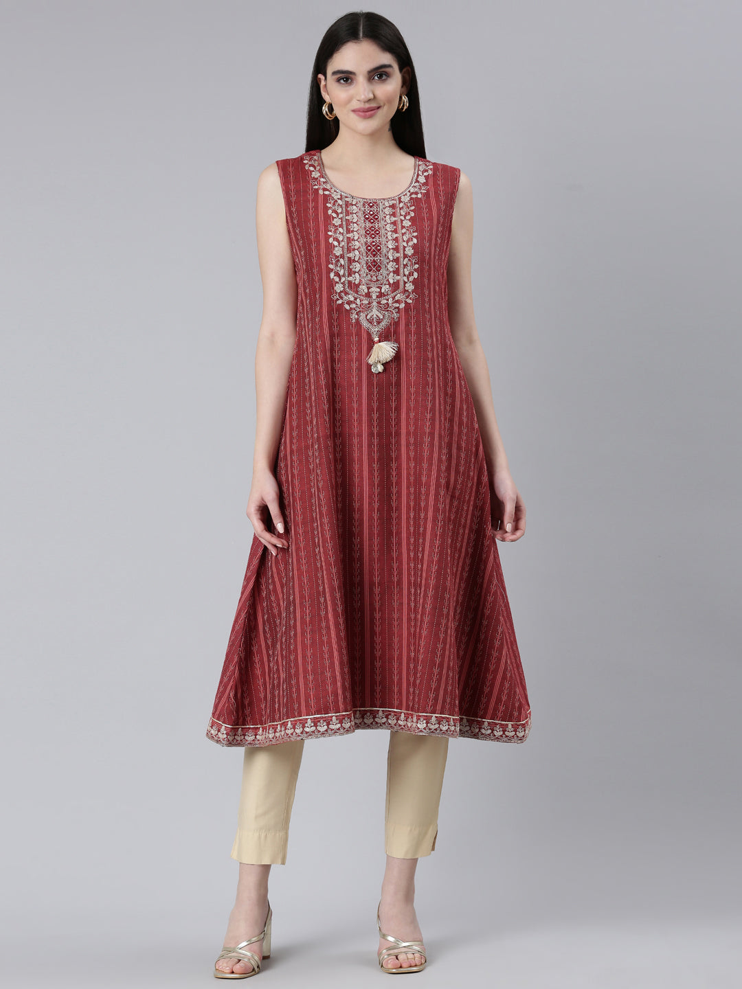 Neerus Maroon slub cotton printed A-line kurti - front view