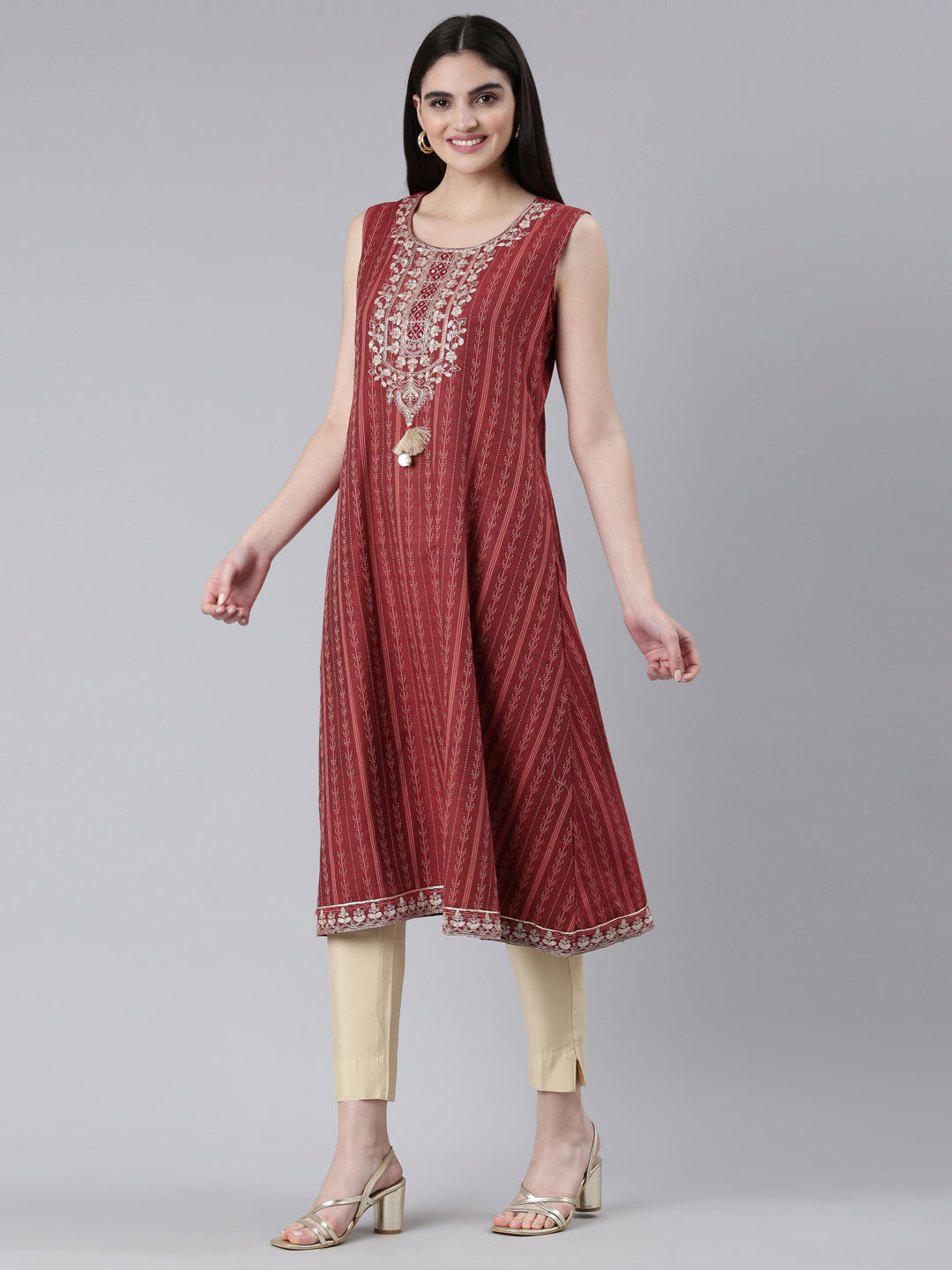 Neerus Maroon slub cotton printed A-line kurti - back view