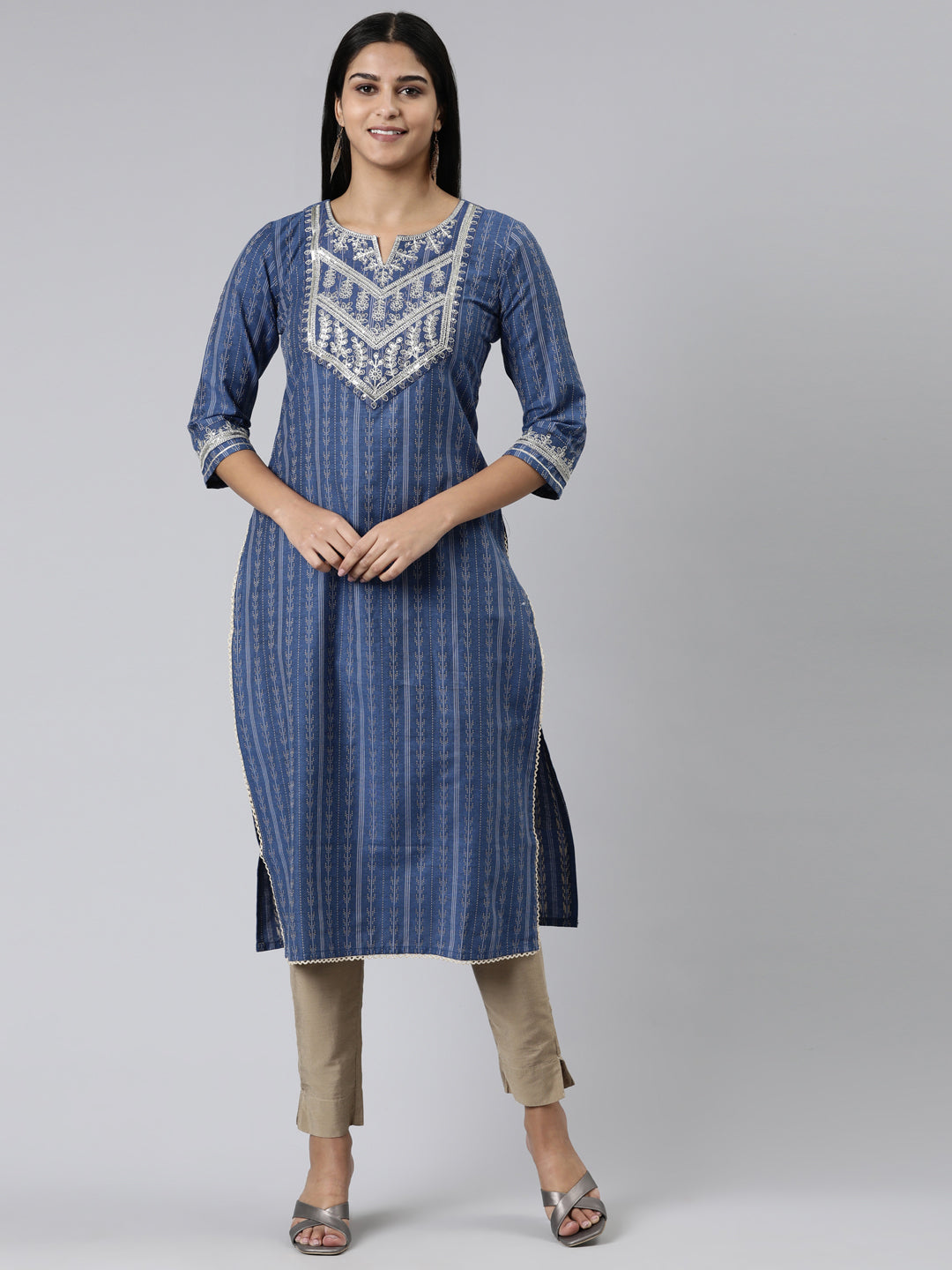 Neerus Blue viscose rayon printed straight kurti - front view