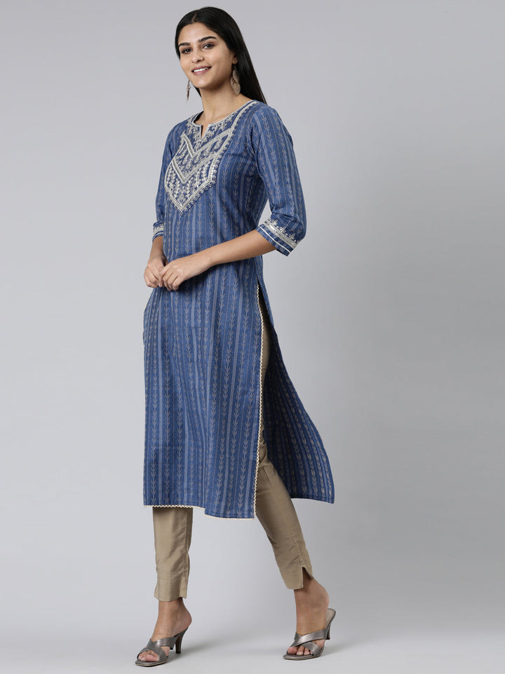 Neerus Blue viscose rayon printed straight kurti - back view