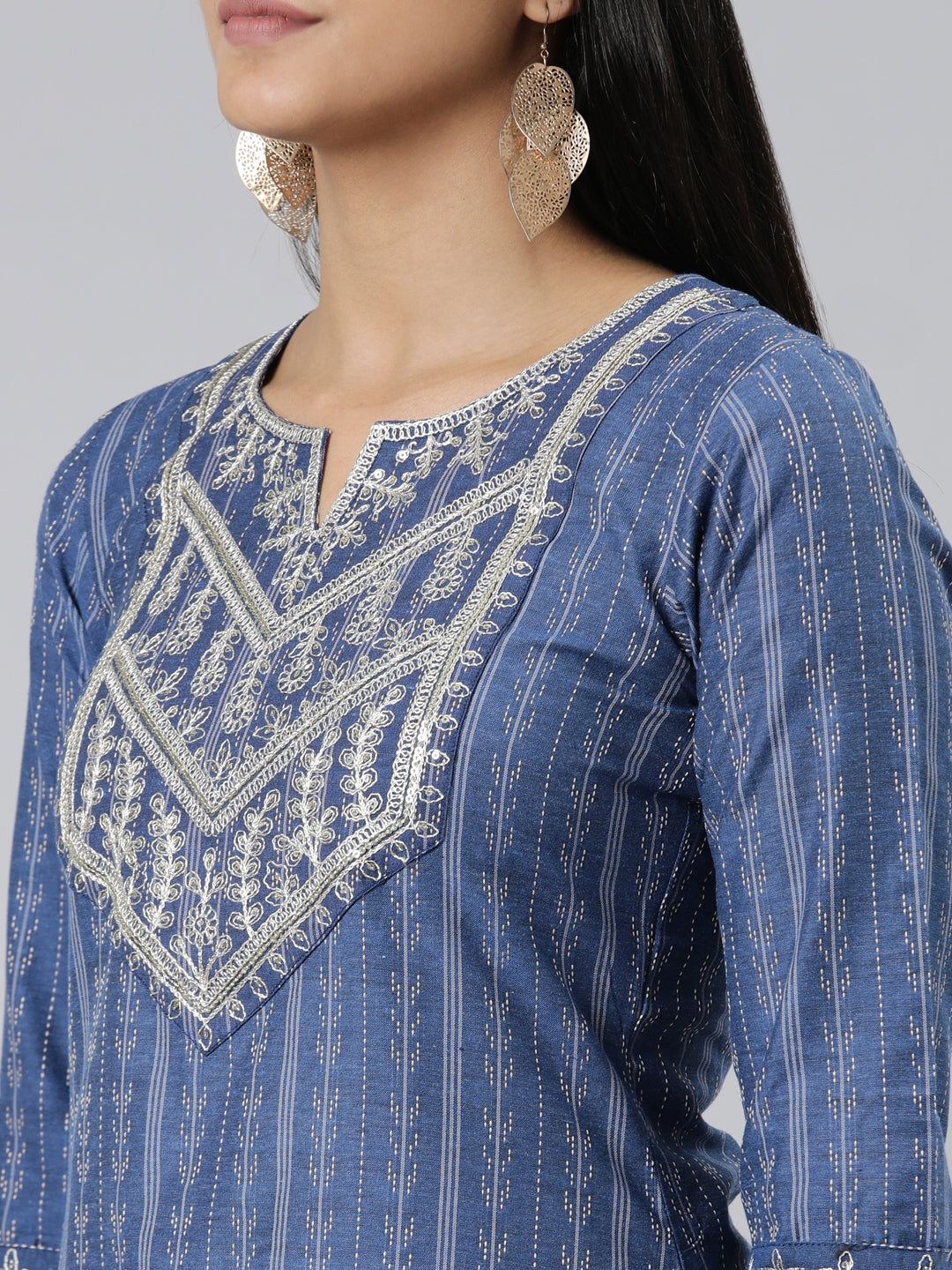 Neerus Blue viscose rayon printed straight kurti - detail view 2