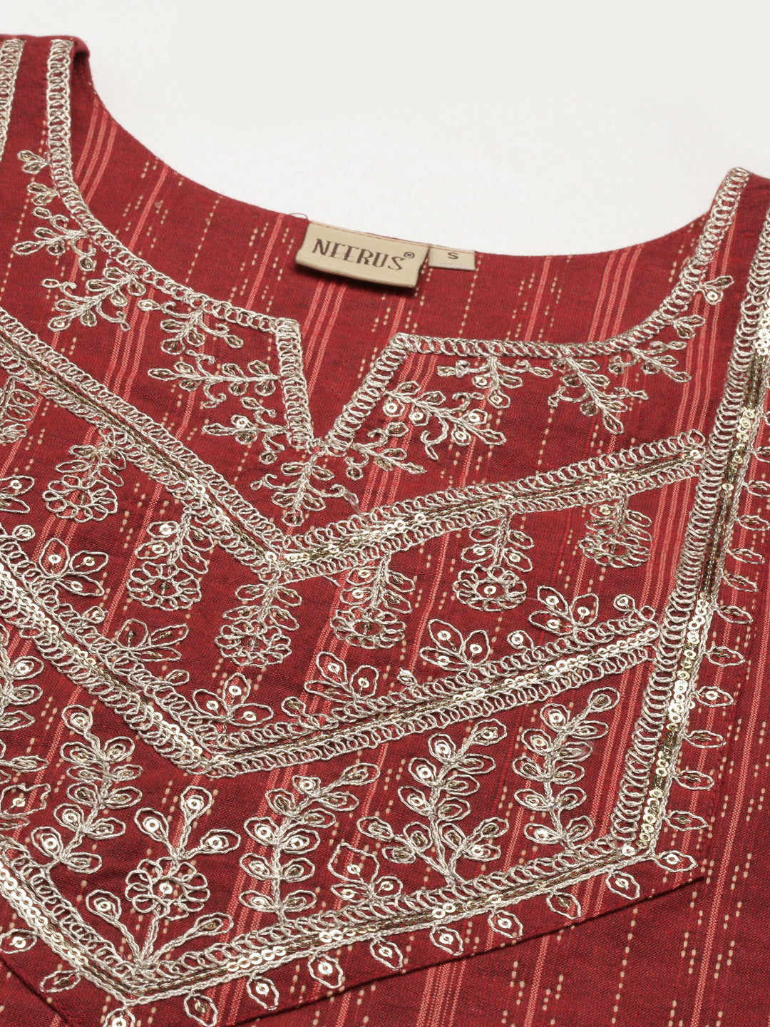 Neerus Maroon cotton solid straight kurti - detail view 3