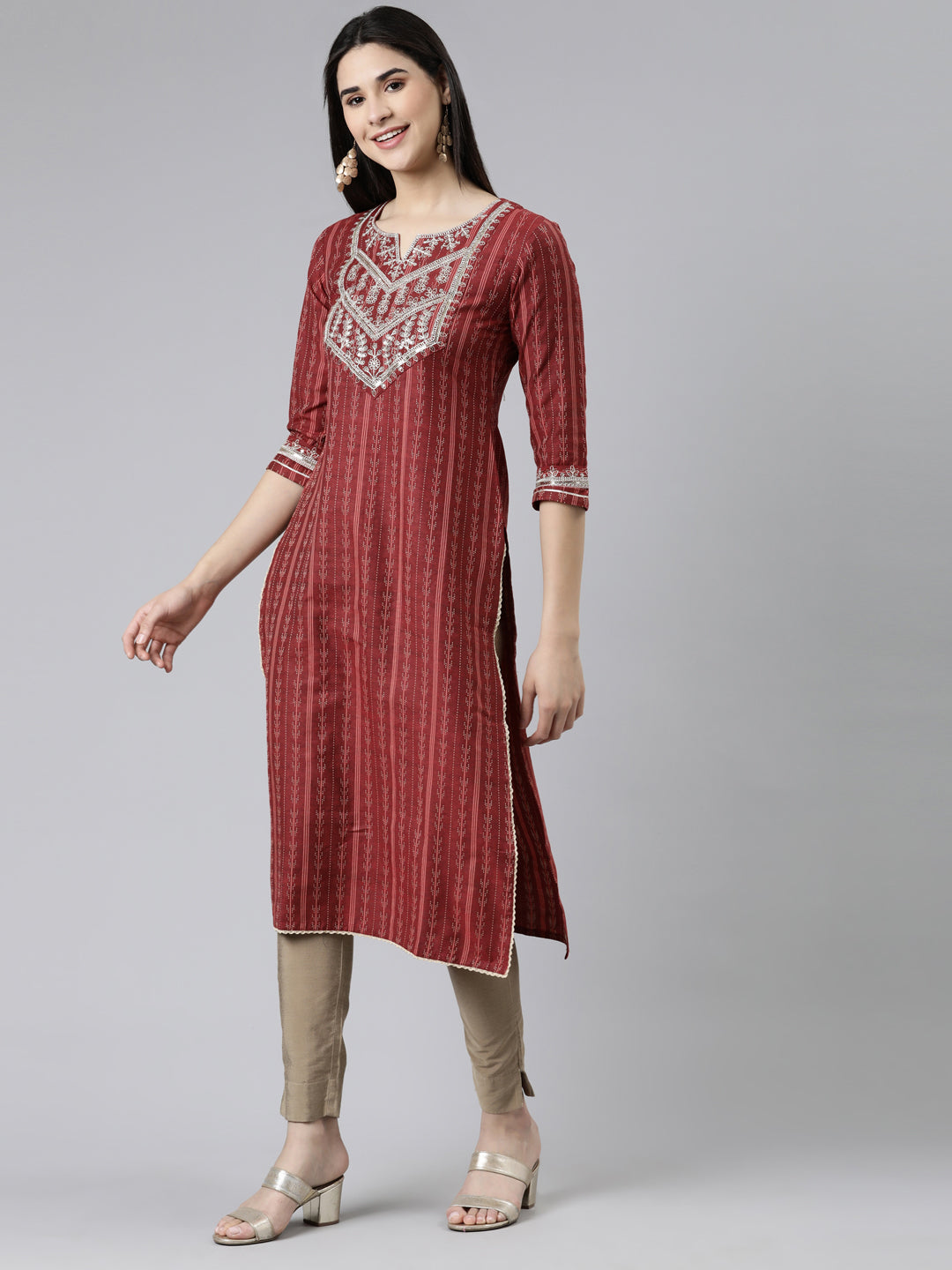 Neerus Maroon cotton solid straight kurti - back view