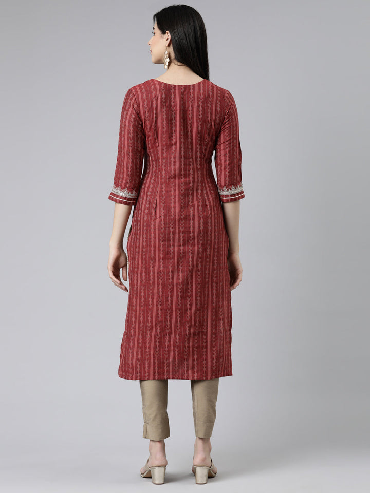 Neerus Maroon cotton solid straight kurti - side view