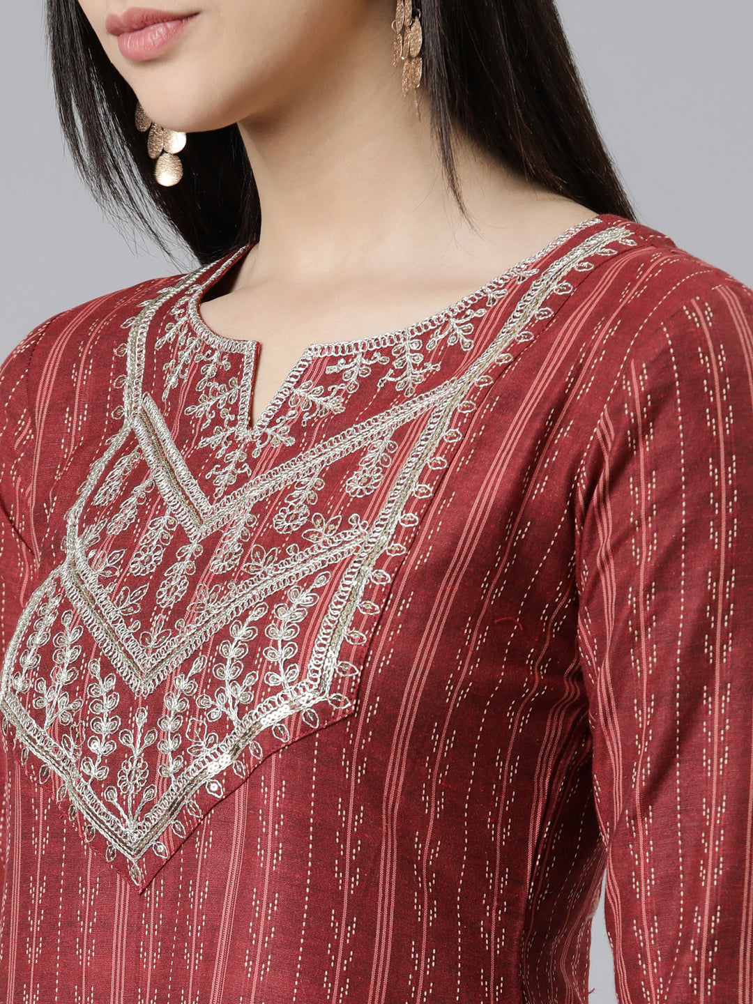 Neerus Maroon cotton solid straight kurti - detail view 1