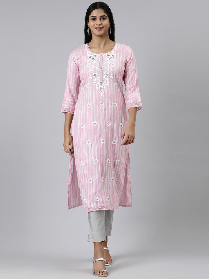 Neerus Pink viscose rayon printed straight kurti - front view
