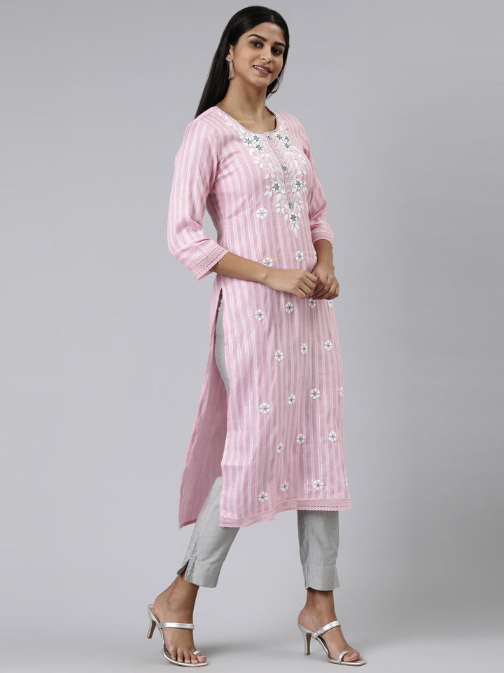 Neerus Pink viscose rayon printed straight kurti - back view