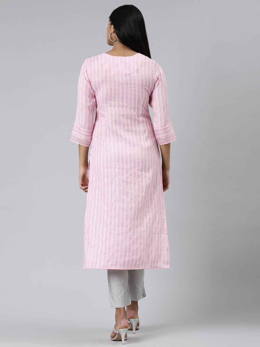 Neerus Pink viscose rayon printed straight kurti - side view