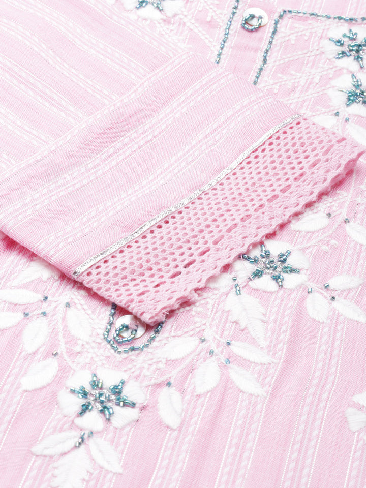 Neerus Pink viscose rayon printed straight kurti - detail view 1