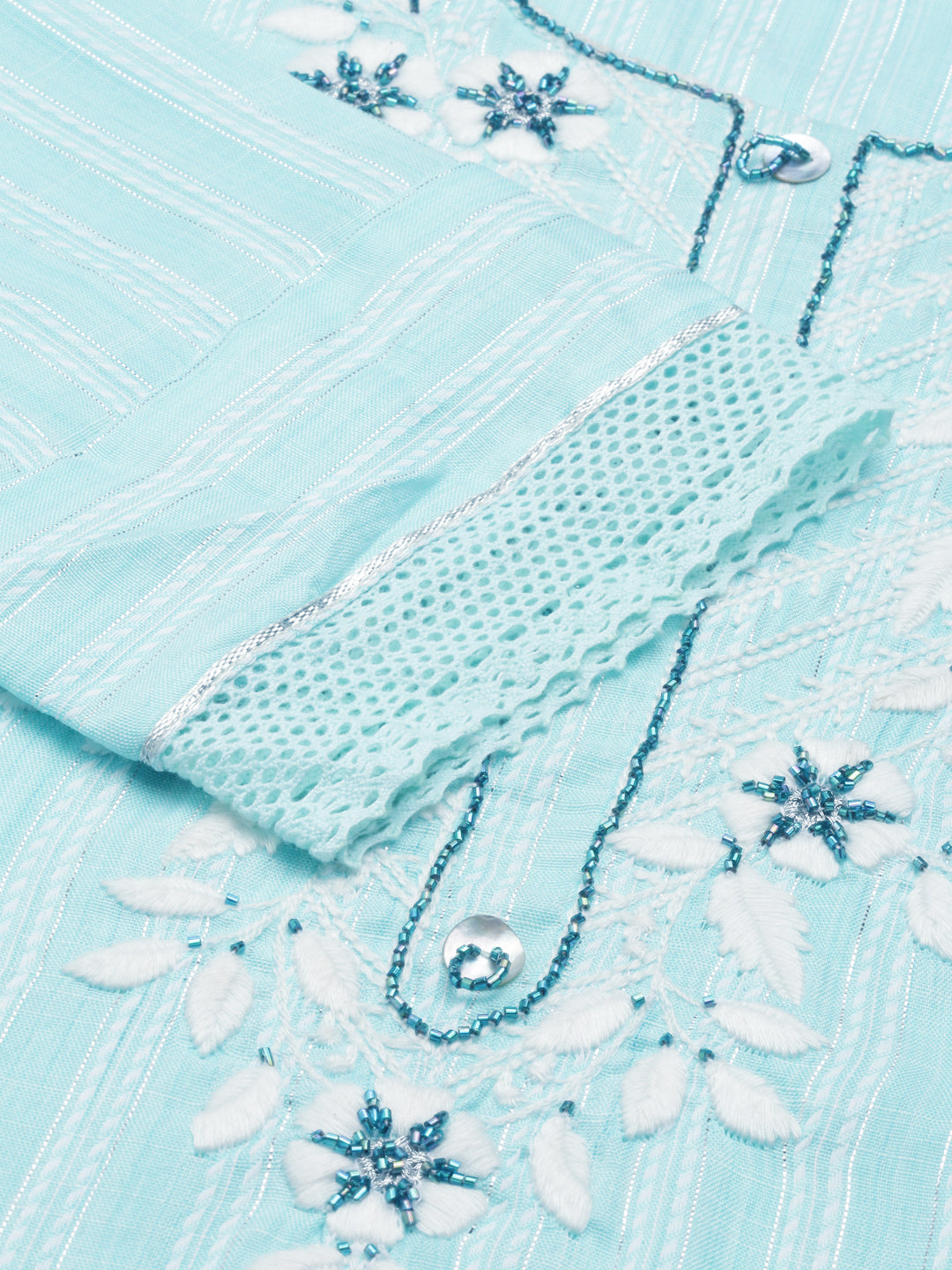Neerus Green slub cotton thread embroidered straight kurti - detail view 2