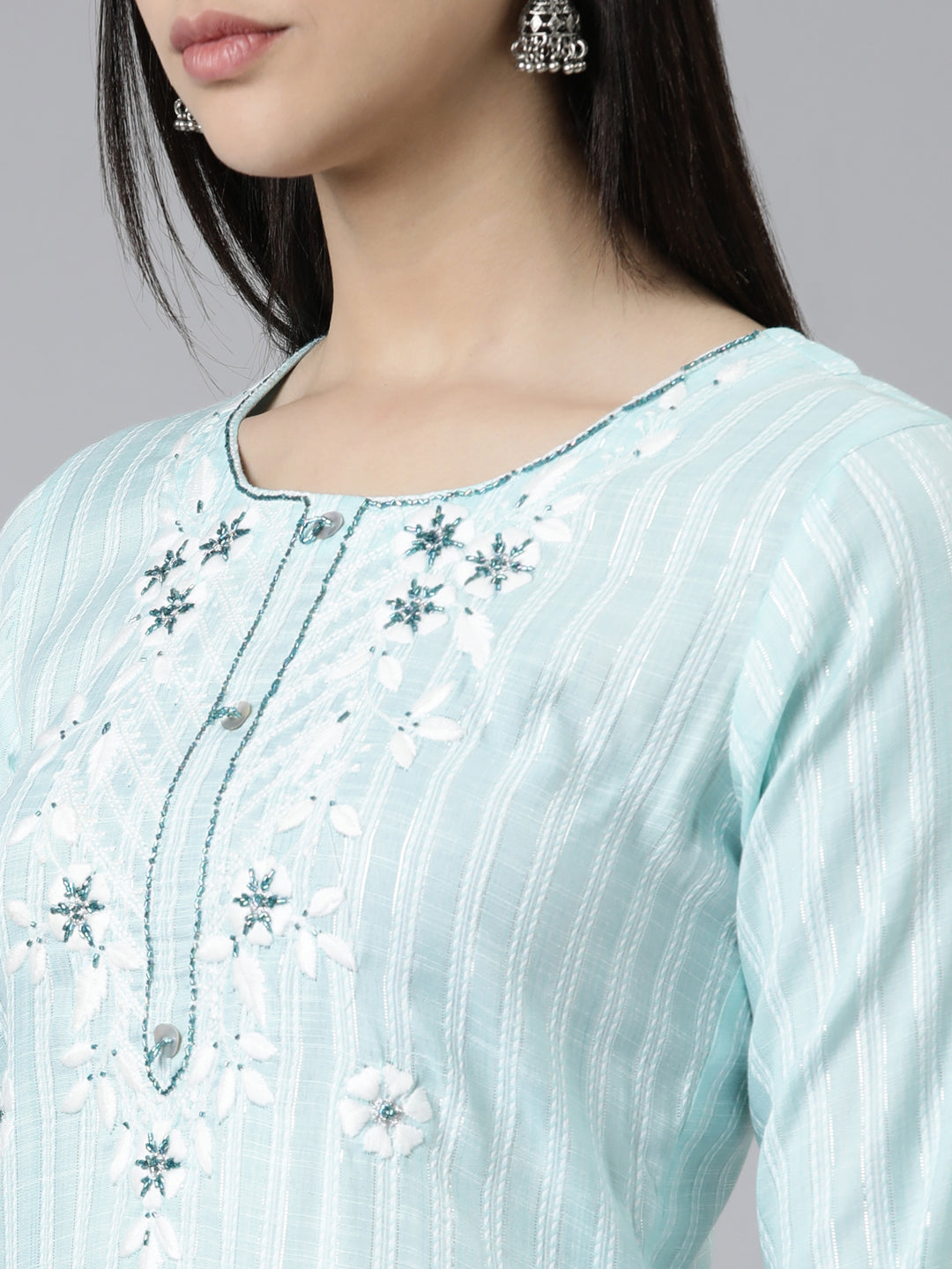 Neerus Green slub cotton thread embroidered straight kurti - detail view 1