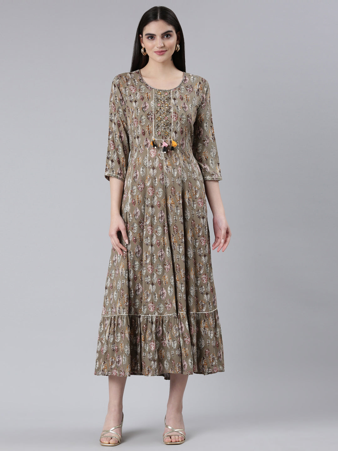 Neerus Brown cotton printed straight dress - front view