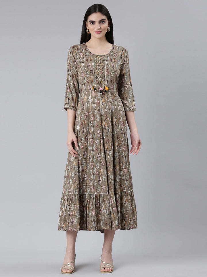 Neerus Brown cotton printed straight dress - front view
