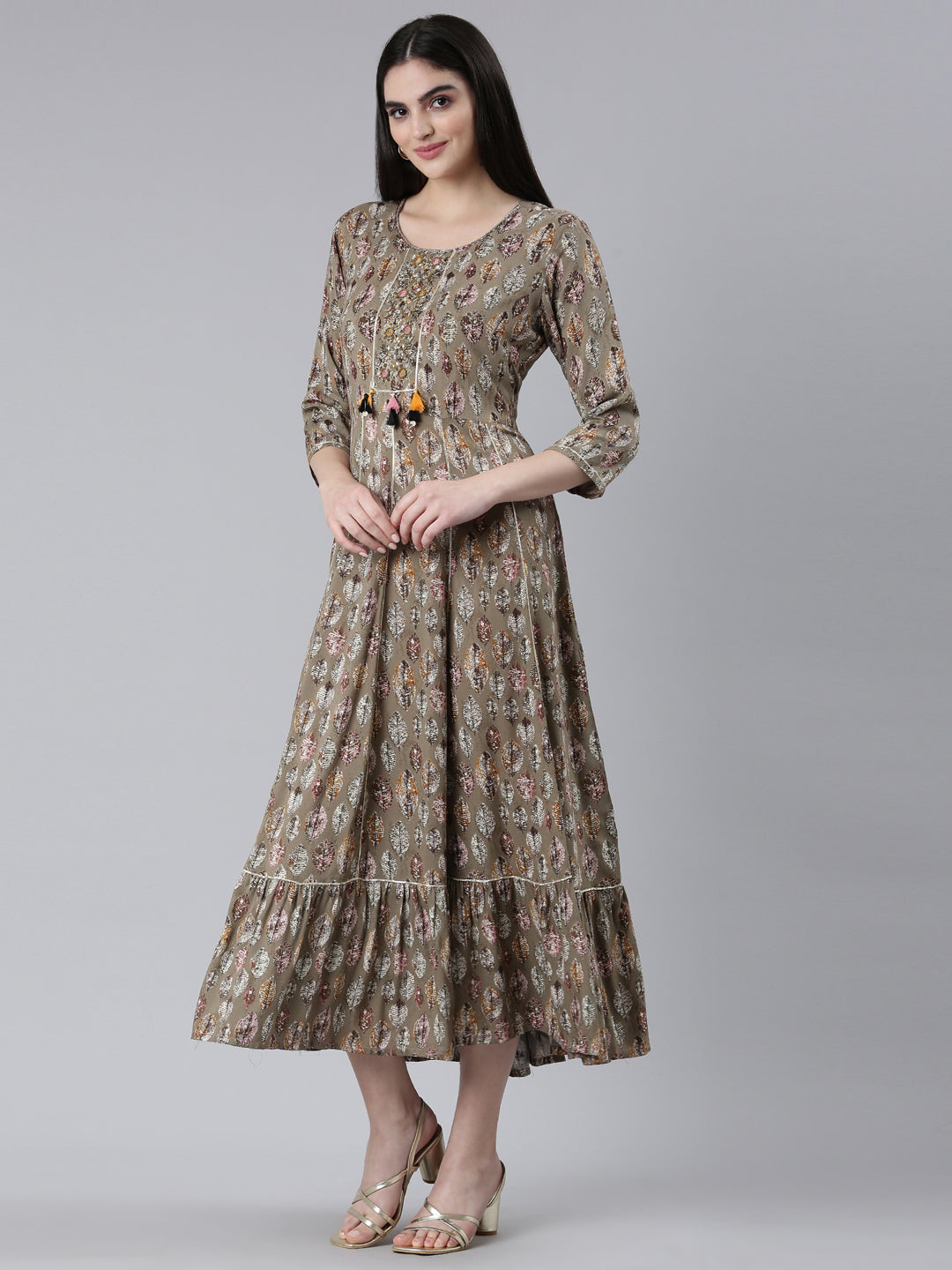 Neerus Brown cotton printed straight dress - back view