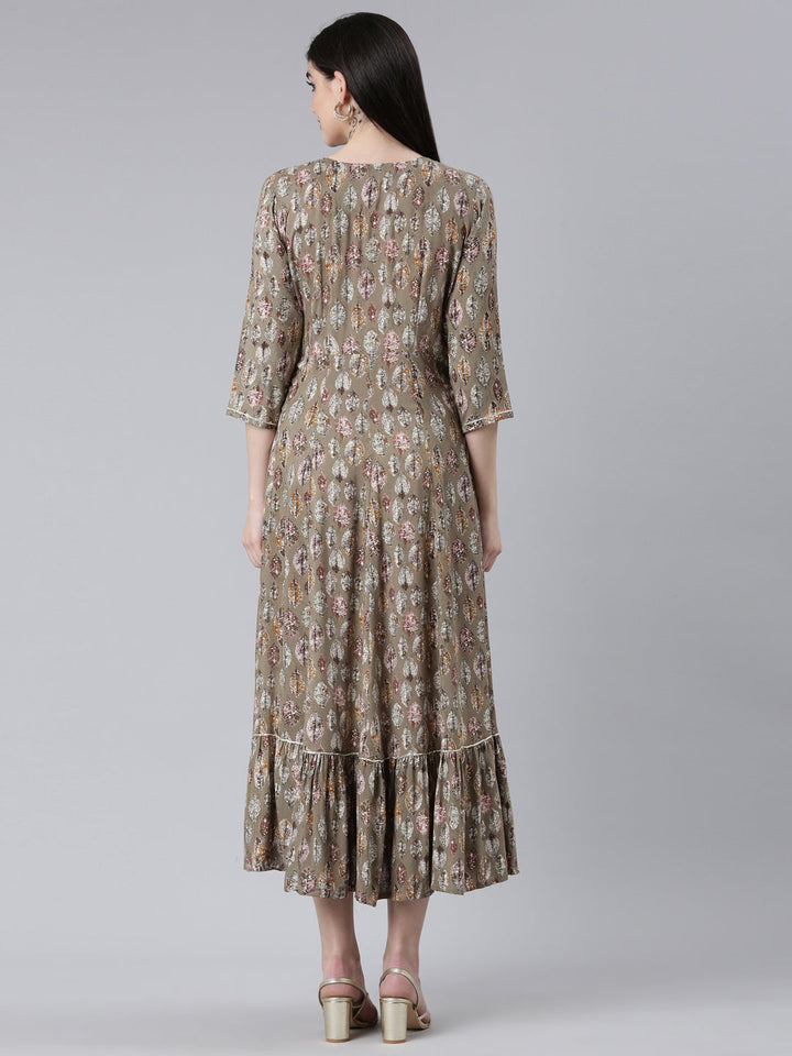 Neerus Brown cotton printed straight dress - side view