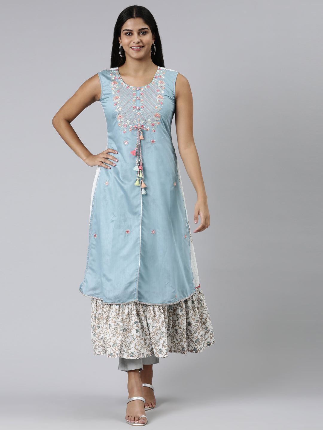 Neerus Green raw silk embroidered A-line kurti - front view