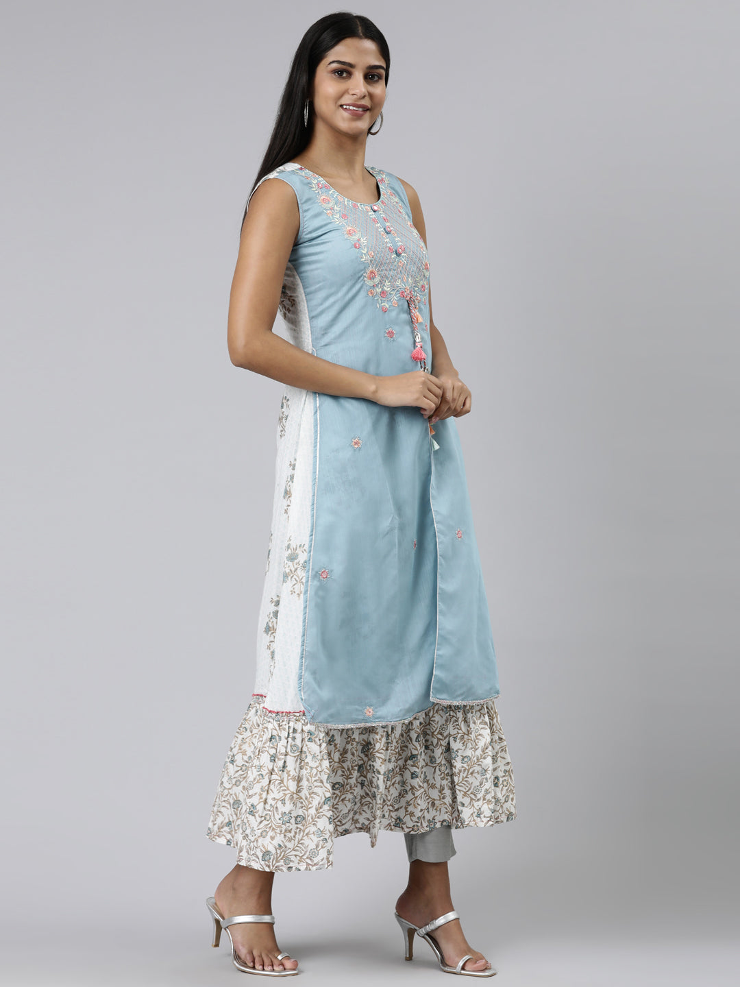 Neerus Green raw silk embroidered A-line kurti - back view