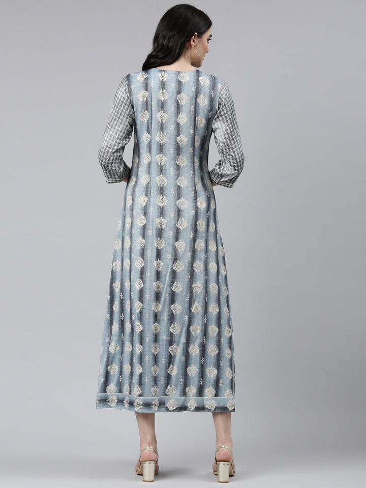Neerus Grey slub cotton printed straight dress - side view