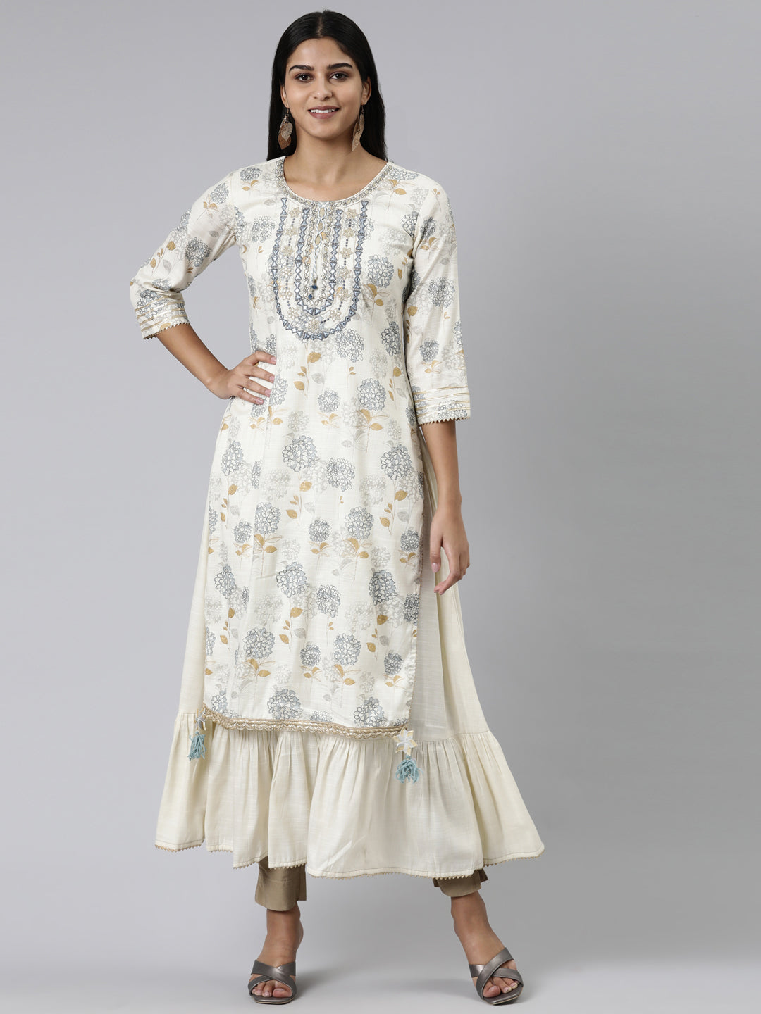 Neerus Beige viscose rayon thread embroidered straight kurti - front view