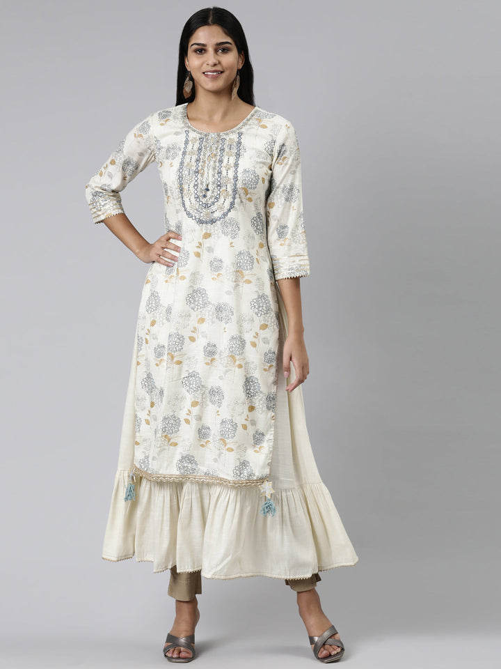 Neerus Beige viscose rayon thread embroidered straight kurti - front view
