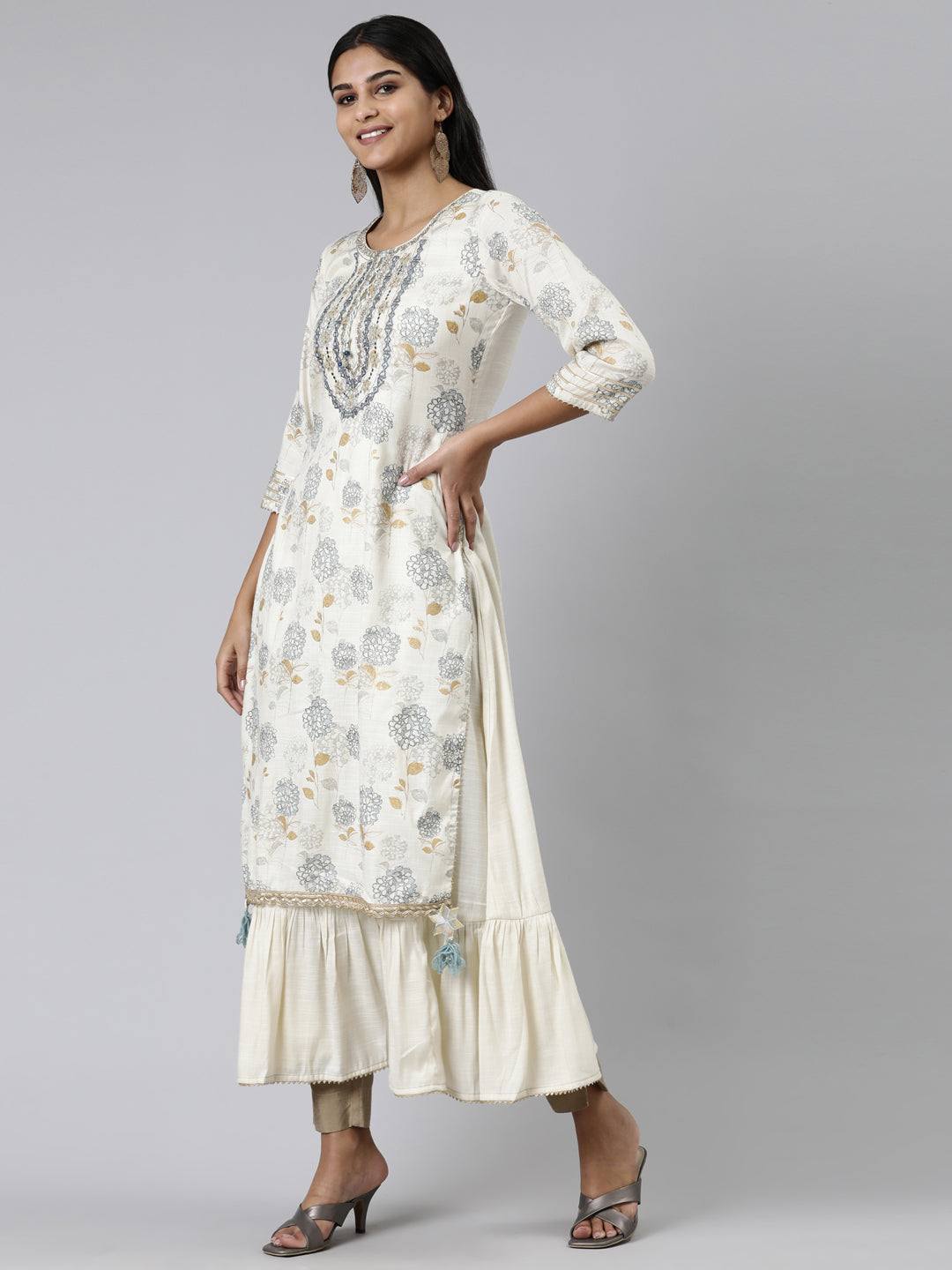Neerus Beige viscose rayon thread embroidered straight kurti - back view