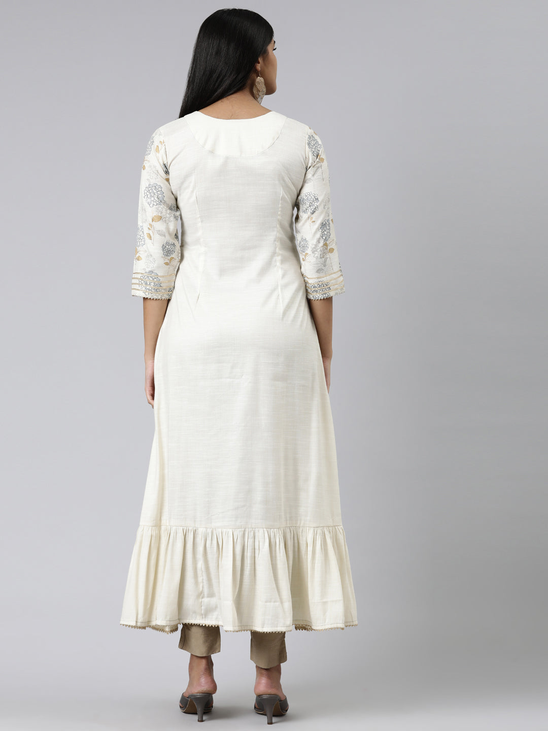 Neerus Beige viscose rayon thread embroidered straight kurti - side view