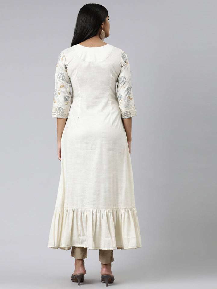Neerus Beige viscose rayon thread embroidered straight kurti - side view