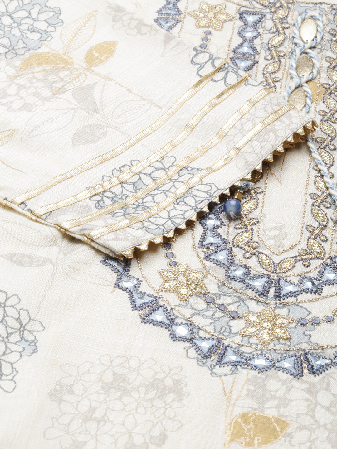 Neerus Beige viscose rayon thread embroidered straight kurti - detail view 1