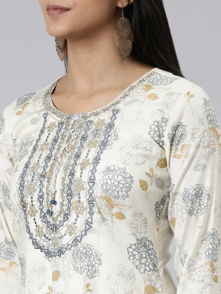 Neerus Beige viscose rayon thread embroidered straight kurti - detail view 2