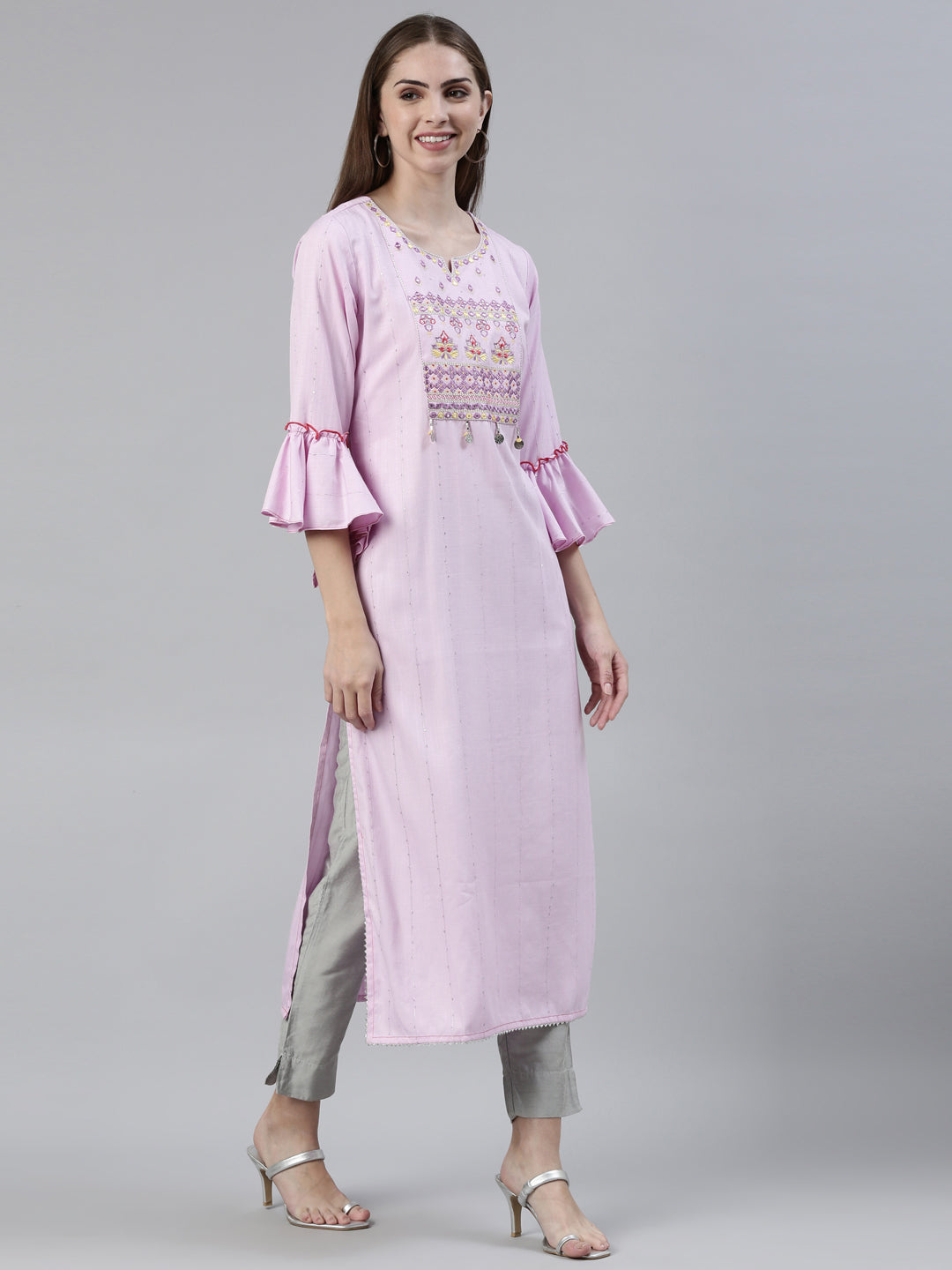 Neerus Purple viscose rayon thread embroidered kurti - back view